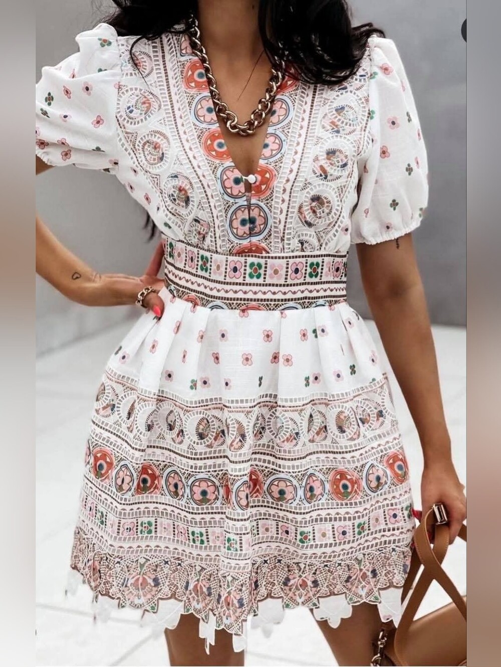 White Embroidered V-Neck Short Dress with Orange & Green Accents